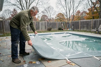 Homme installant une bâche hivernale sur une piscine extérieure rectangulaire en automne