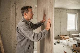 Ouvrier installant des panneaux en terrasto sur un mur intérieur pour l'isolation phonique d'un appartement en rénovation