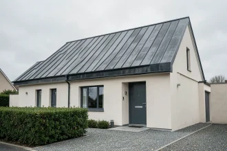 Maison moderne avec toiture en bac acier imitation zinc joint debout, vue de face depuis la rue