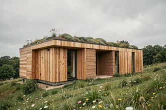 Maison modulaire écologique en bois lamellé croisé et pisé avec toiture végétalisée sur un terrain naturel verdoyant
