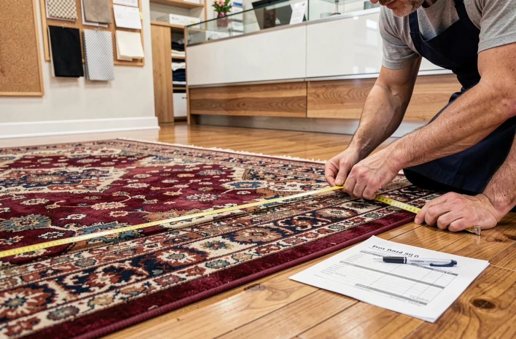 Mesure au mètre d'un tapis persan pour calcul du tarif de nettoyage à sec