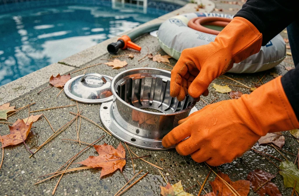 Gros plan sur le nettoyage du skimmer d'une piscine lors de la mise en hivernage