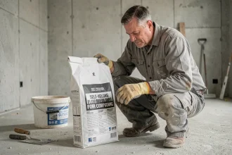 Ouvrier lisant les mentions sur un sac de ragréage autonivelant sur un chantier de rénovation