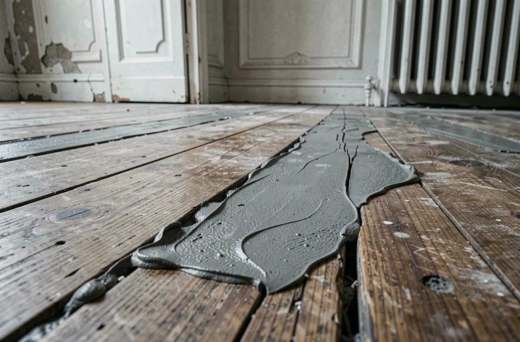 Plancher en chêne ancien fissuré avec du ragréage autonivelant appliqué entre les lames lors d'une rénovation de parquet