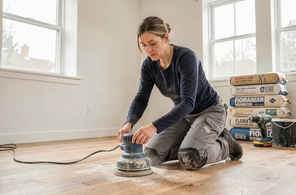 Femme ponçant une surface de ragréage séchée sur un plancher en bois avec une ponceuse orbitale lors d'une rénovation