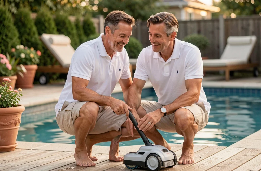 Propriétaire de piscine tenant un robot nettoyeur au bord de sa piscine extérieure dans un jardin résidentiel