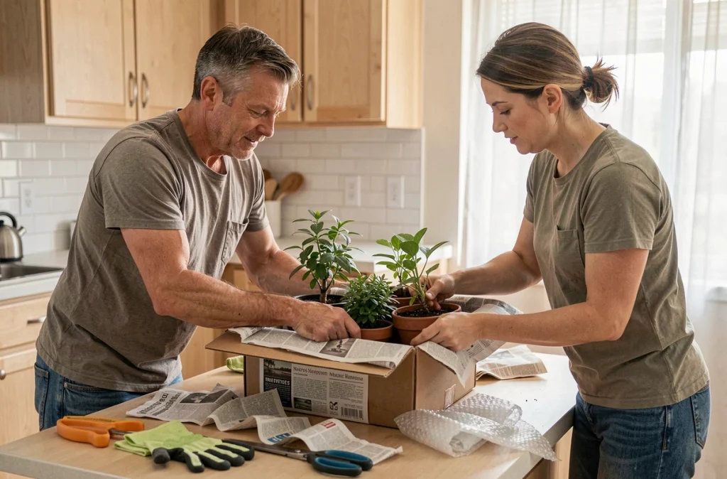 Couple emballant des petites plantes dans des cartons avec du papier journal pour un déménagement dans une cuisine