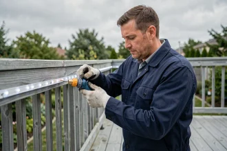 Électricien installant un raccord étanche IP68 sur un strip LED extérieur fixé sur une rambarde de terrasse en bois