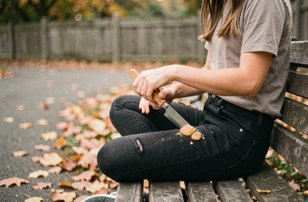 Adolescente retirant un chewing gum séché de son jean noir avec un couteau sur un banc de parc