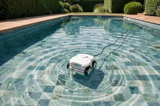 Robot de nettoyage automatique au fond d'une piscine privée avec eau claire et carrelage bleu mosaïque