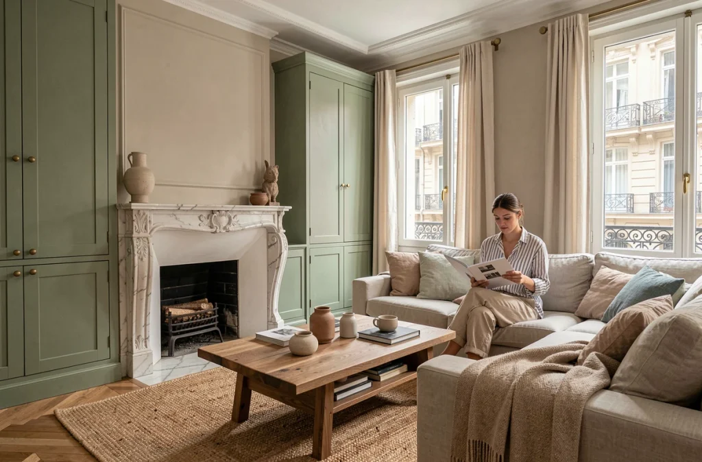 Salon d'appartement lyonnais rénové avec boiseries vert sauge, cheminée en marbre restaurée et décoration intérieure soignée