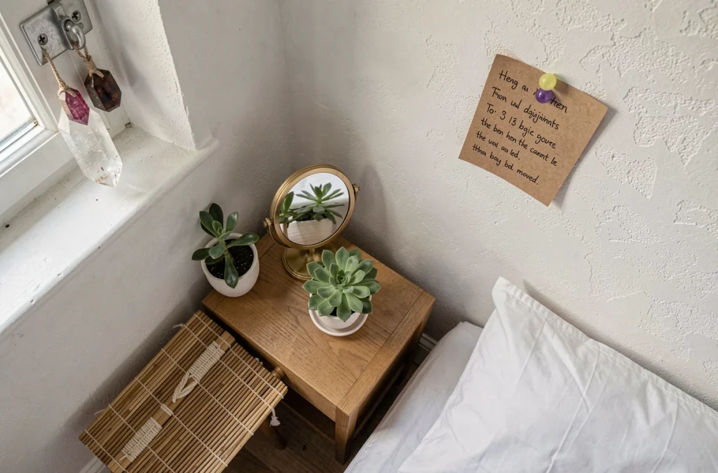 Vue aérienne d'un coin de chambre avec des ajustements feng shui alternatifs comme des cristaux et un miroir pour compenser une orientation de lit non idéale