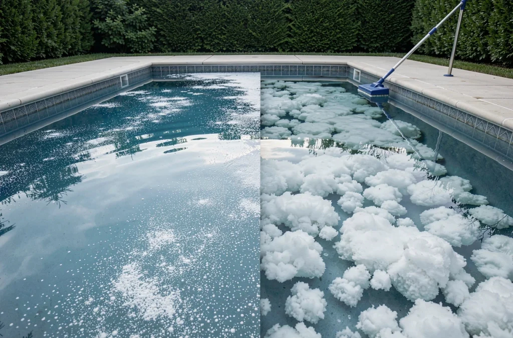 Piscine avec eau trouble due au surdosage de clarifiant et dépôts de floculant visibles au fond