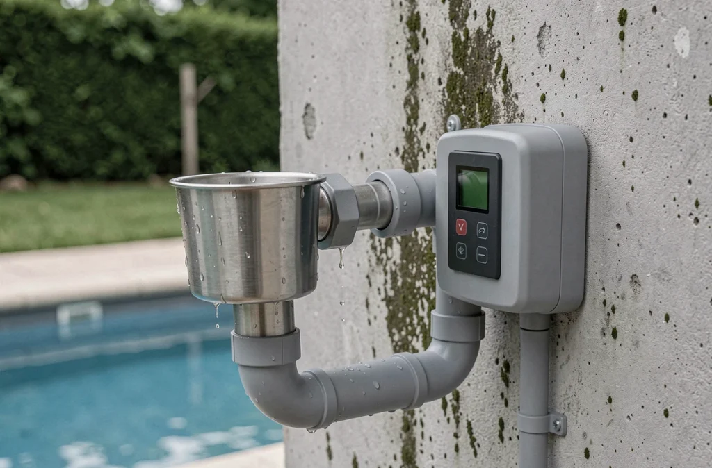 Système de filtration et de recyclage d'eau installé sur le bord d'une piscine familiale pour réduire la consommation en eau.