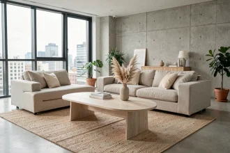 Table basse design en chêne massif dans un salon scandinave minimaliste avec canapé en lin et plantes d'intérieur