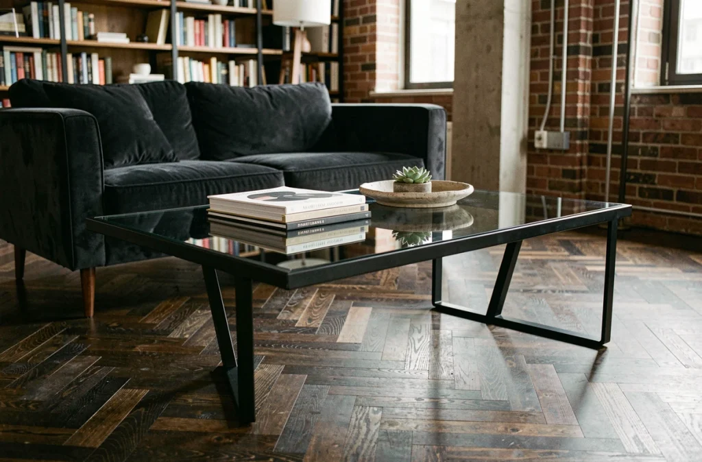 Table basse industrielle en acier noir et verre fumé dans un loft avec parquet en chevrons et canapé velours