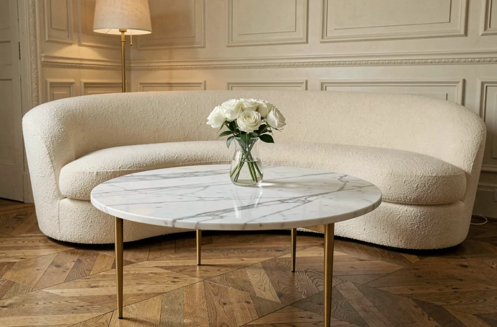 Table basse ronde en marbre de Carrare avec pieds en laiton brossé dans un appartement parisien classique