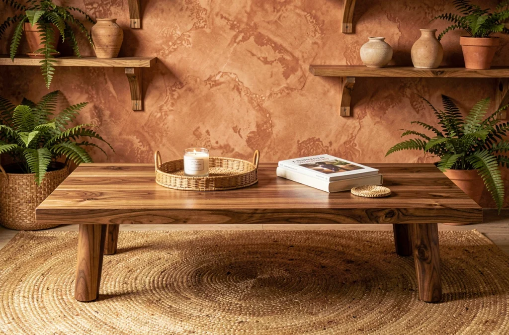 Table basse rectangulaire en noyer massif dans un salon bohème avec tapis jute et plantes vertes sur étagères