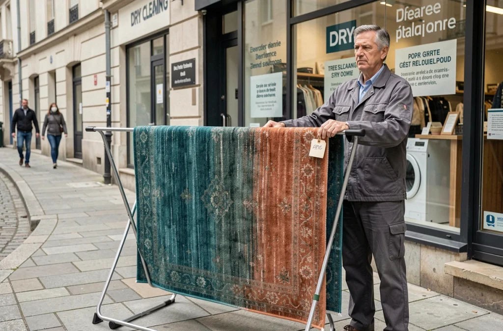 Tapis propre suspendu devant une boutique de nettoyage 5 à sec avec étiquette de prix affiché