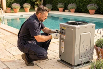 Technicien installant une pompe à chaleur pour piscine dans un jardin résidentiel ensoleillé