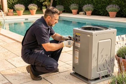 Technicien installant une pompe à chaleur pour piscine dans un jardin résidentiel ensoleillé