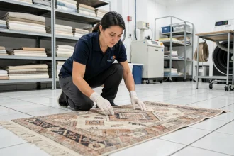 Technicienne professionnelle inspectant un tapis en laine dans un atelier de nettoyage 5 à sec