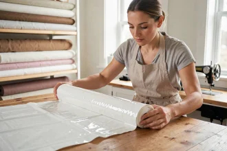 Femme débutante déroulant un tissu coton enduit blanc sur une table en bois dans un atelier de couture maison