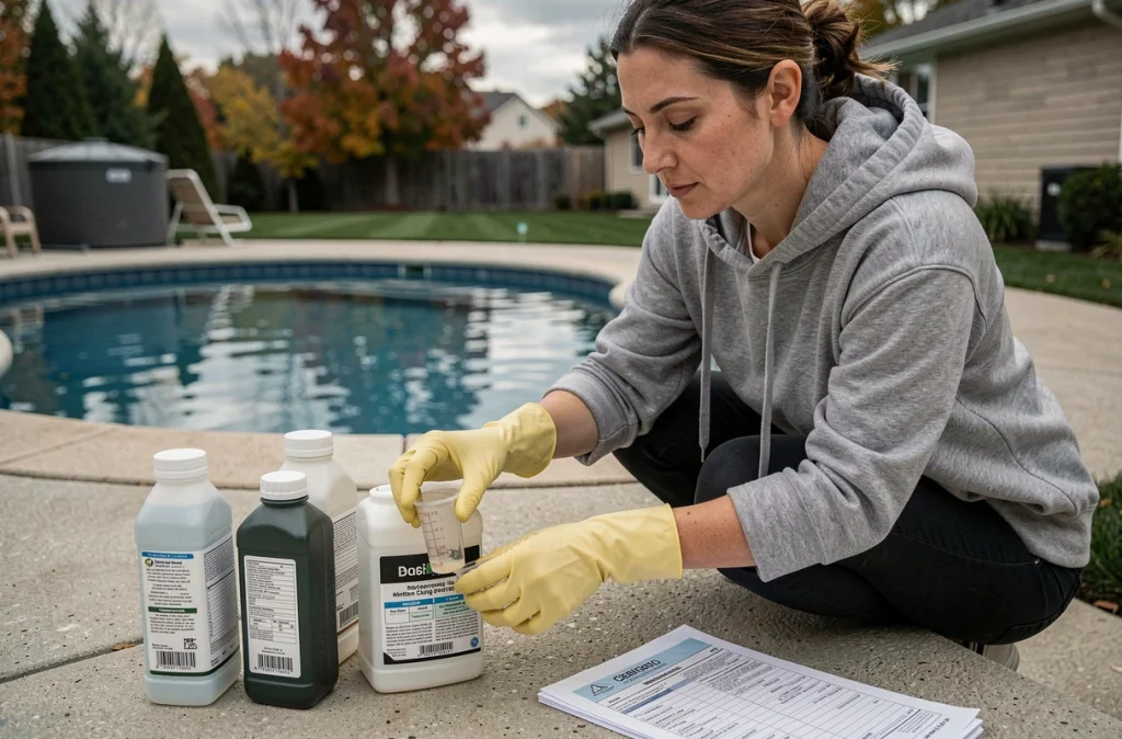 Femme préparant les produits chimiques d'hivernage pour traiter l'eau d'une piscine extérieure