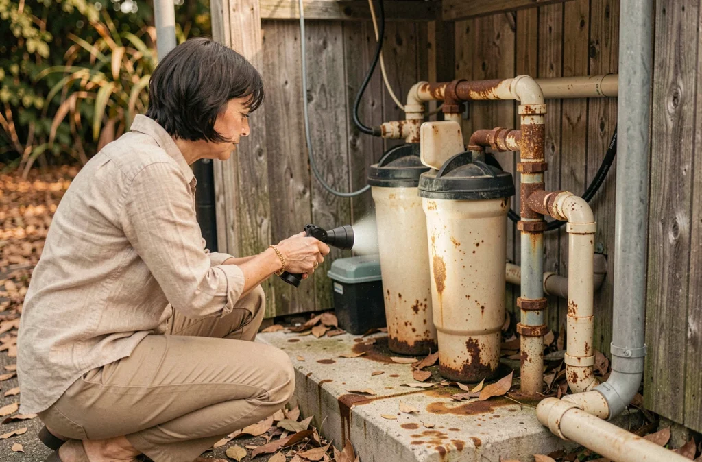 Femme inspectant le système de filtration et les canalisations vétustes d'une piscine avant travaux de rénovation