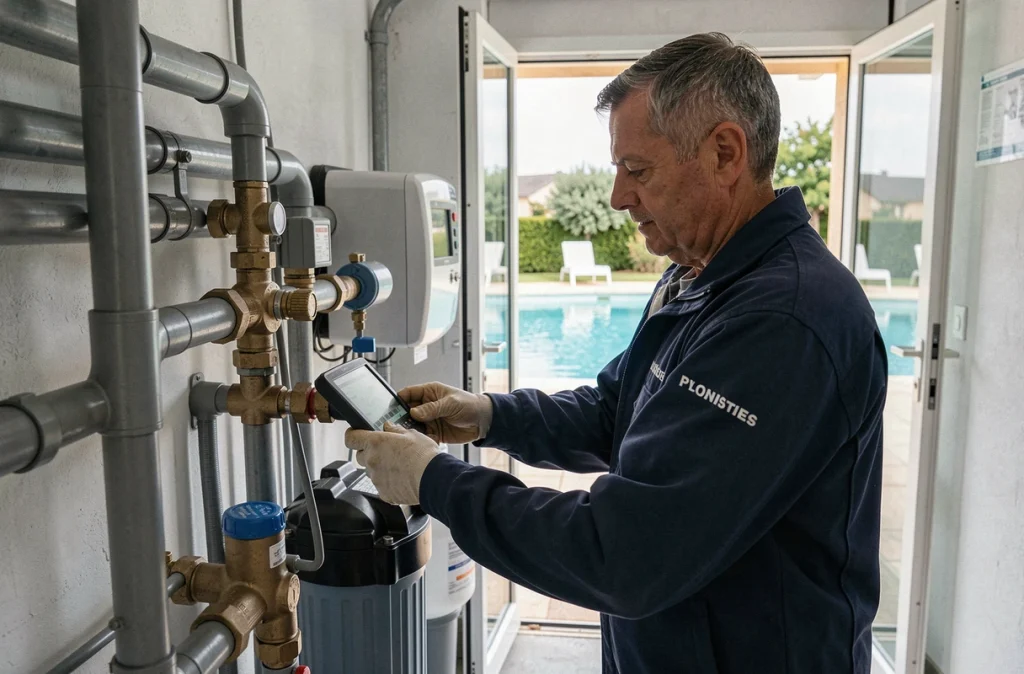 Technicien Acrocean effectuant la maintenance d'un système de traitement de l'eau d'une piscine dans les Pyrénées-Atlantiques