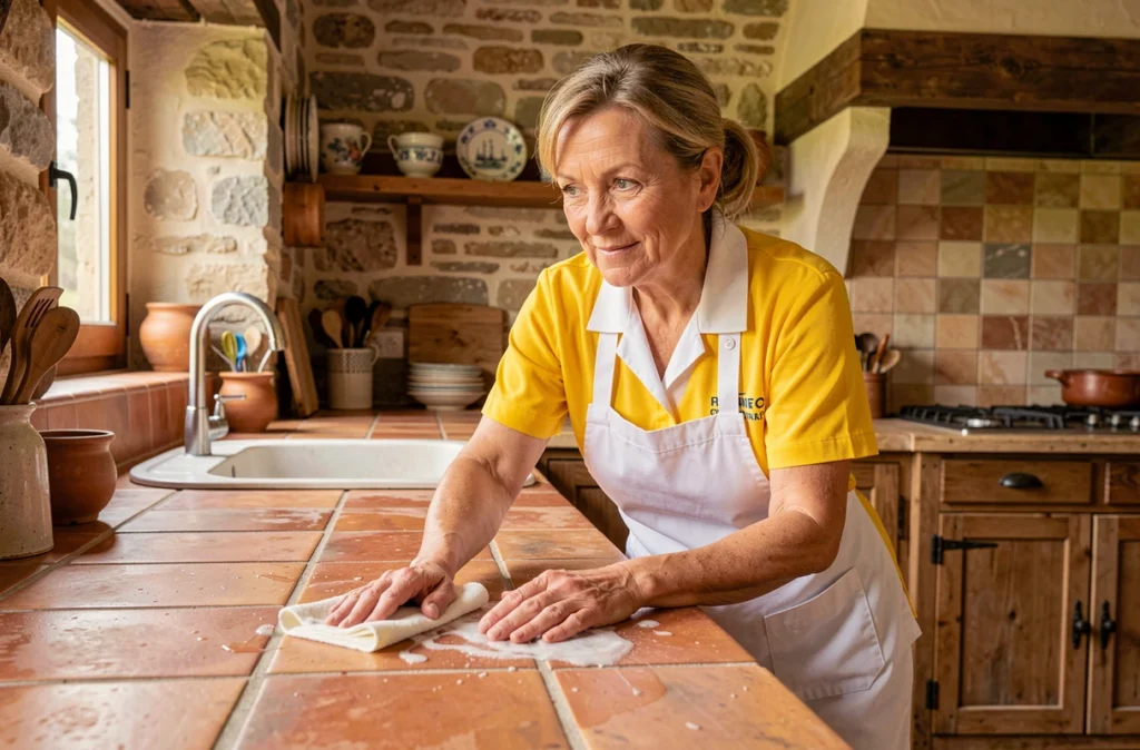 Employée Aide-au-top nettoyant le plan de travail d'une cuisine de style maison de campagne
