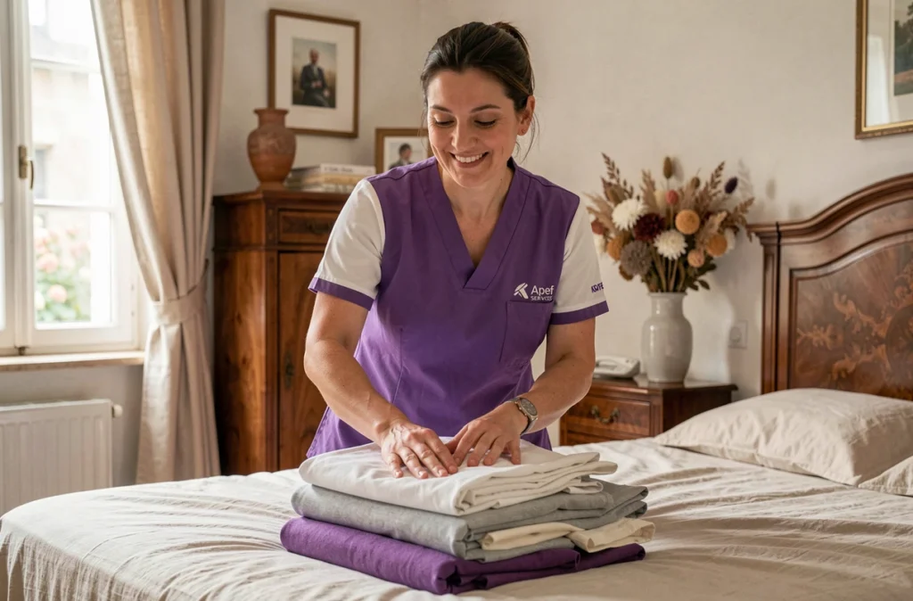 Employée Apef Services pliant du linge propre sur un lit dans une chambre française soignée