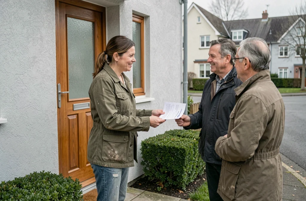 Artisane locale remettant un devis papier à des propriétaires devant leur maison en banlieue