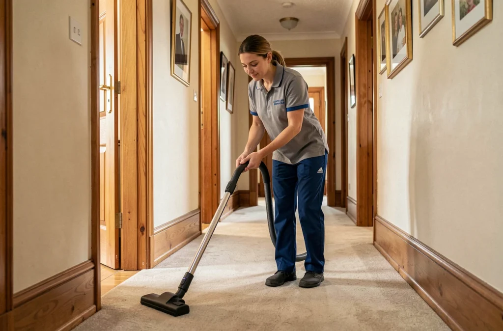 Employée Centre Services passant l'aspirateur dans le couloir d'une maison française