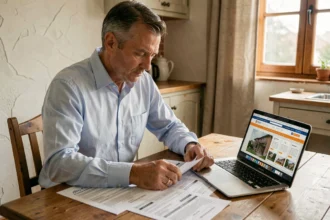 Homme comparant des devis de rénovation sur papier et ordinateur portable dans une cuisine traditionnelle