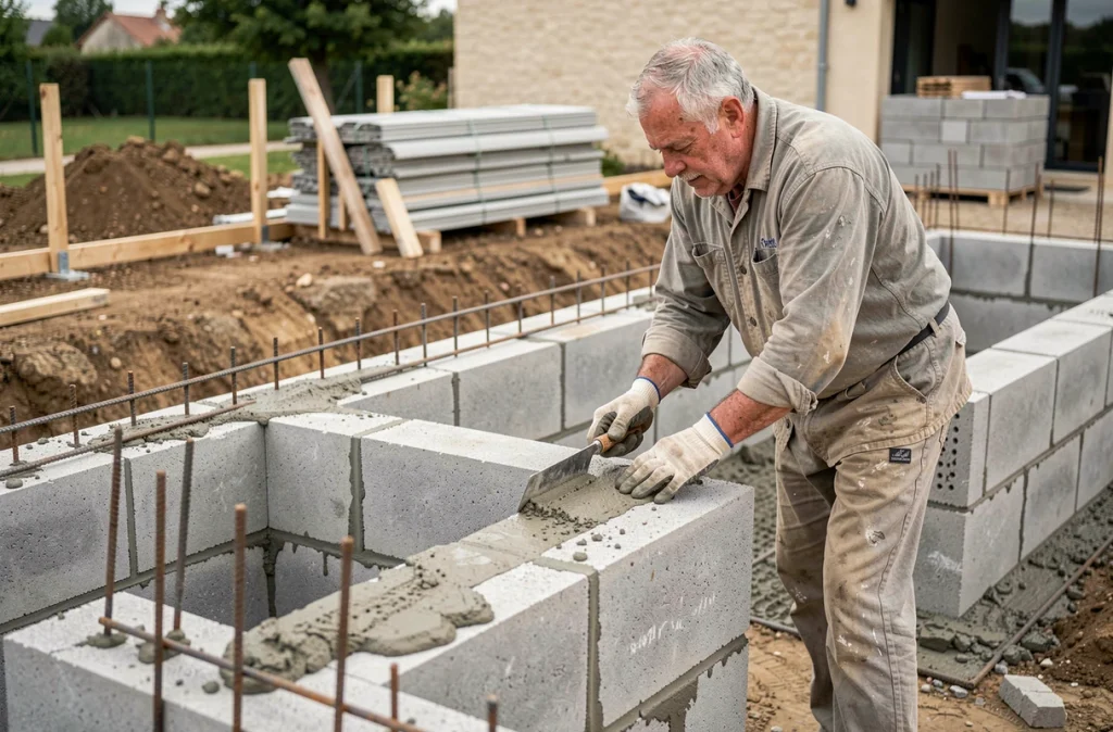 Chantier de construction de piscine en maçonnerie par Correbat avec parpaings et ferraillage visibles