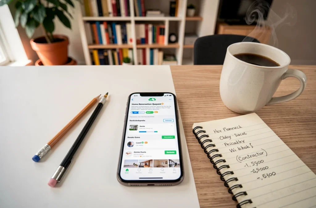 Vue aérienne d'un bureau avec smartphone affichant une plateforme de devis travaux et notes manuscrites comparant des artisans