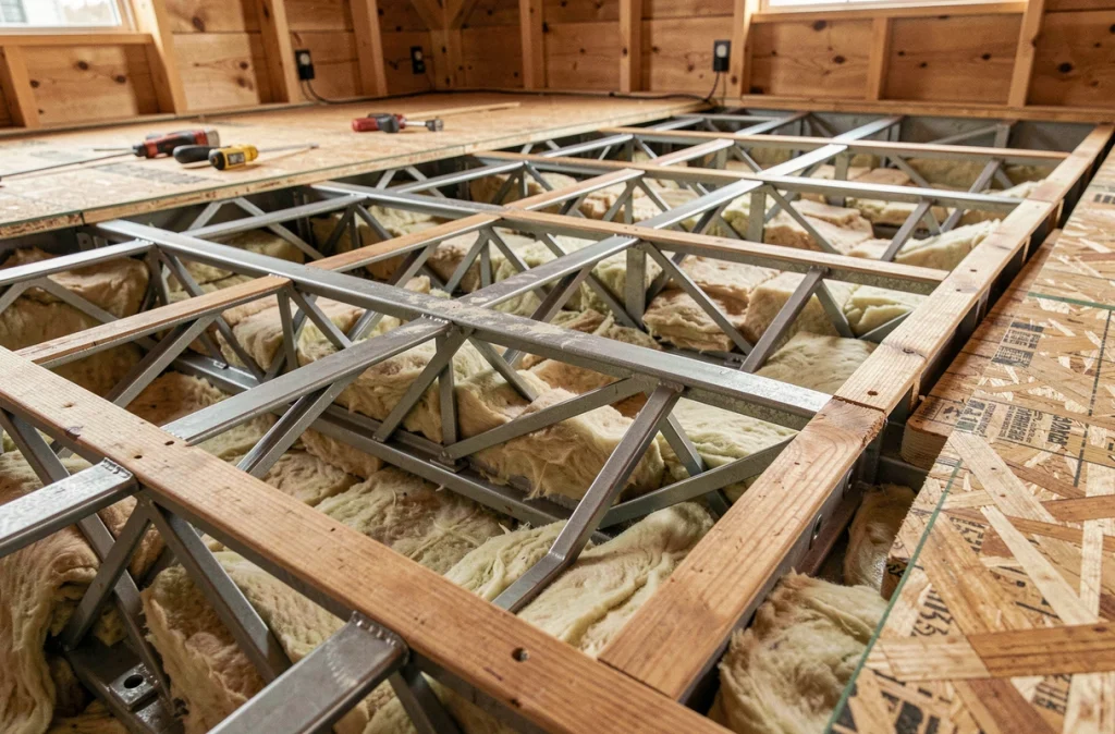 Détail d'un plancher à poutre POSI avec isolation acoustique en laine minérale entre les solives lors de la construction d'une maison à ossature bois