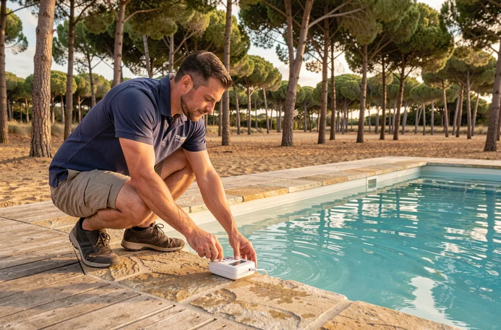 Pisciniste Lahillade Benoît vérifiant une piscine résidentielle dans le secteur sud des Landes et du 64
