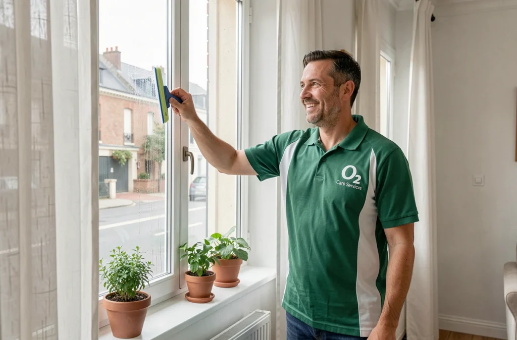 Agent O2 Care Services nettoyant les vitres d'un salon avec vue sur une rue de Nantes