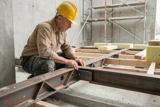 Ouvrier du bâtiment inspectant une poutre POSI dans un plancher en construction, structure en treillis métallique visible entre les murs en béton