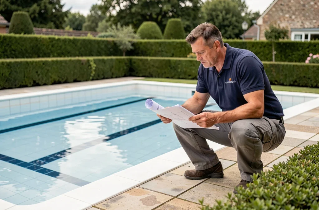 Technicien de Piscine Cazala inspectant une piscine rectangulaire construite dans un jardin résidentiel de Pau