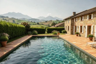 Vue panoramique d'une belle piscine résidentielle dans les Pyrénées-Atlantiques avec les collines basques en arrière-plan