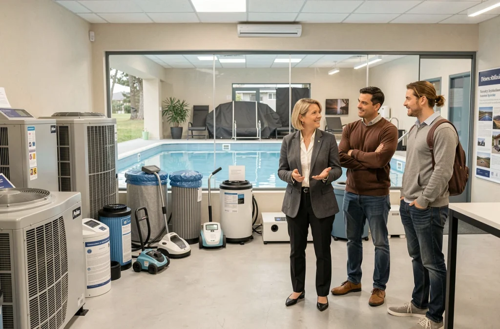 Showroom de Richard Piscine présentant des équipements de chauffage et d'accessoires de piscine dans les Pyrénées-Atlantiques