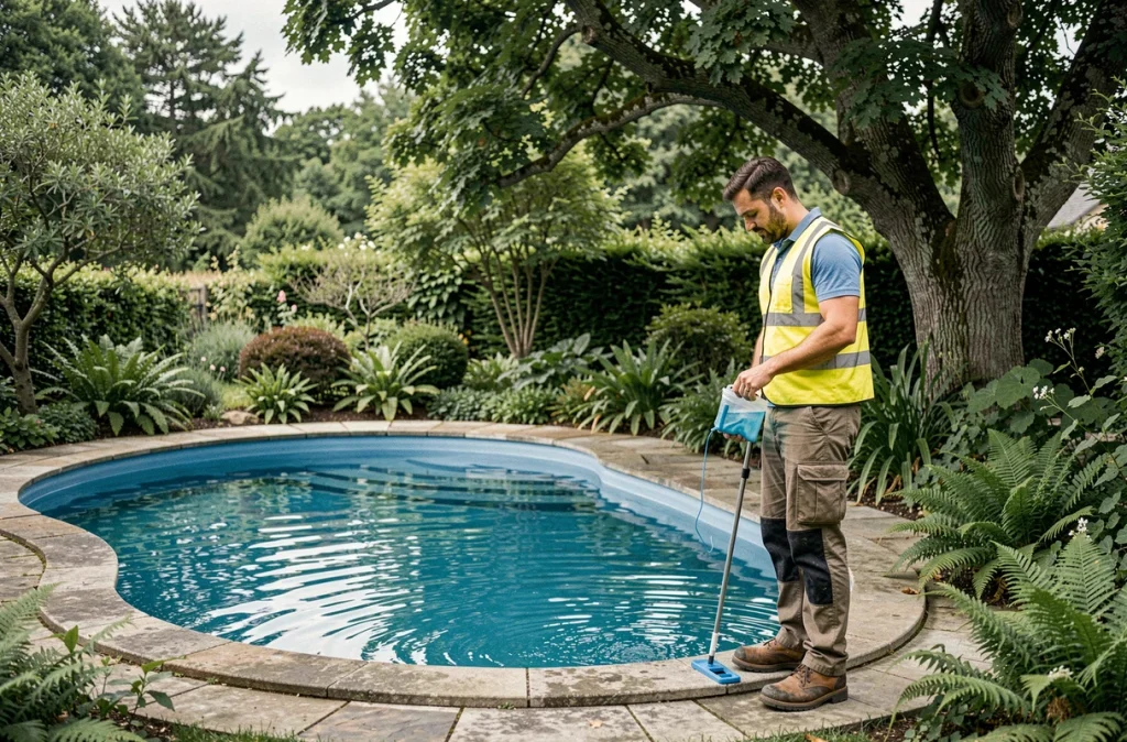 Pisciniste de Sasu Ent Terrier Franck vérifiant la qualité de l'eau d'une piscine près de Saint-Pée-sur-Nivelle