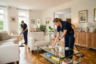 Équipe de ménage professionnelle nettoyant un salon moderne dans une maison en Loire-Atlantique