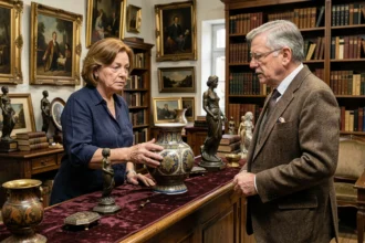 Une femme apportant un vase ancien à expertiser chez un antiquaire à Caen