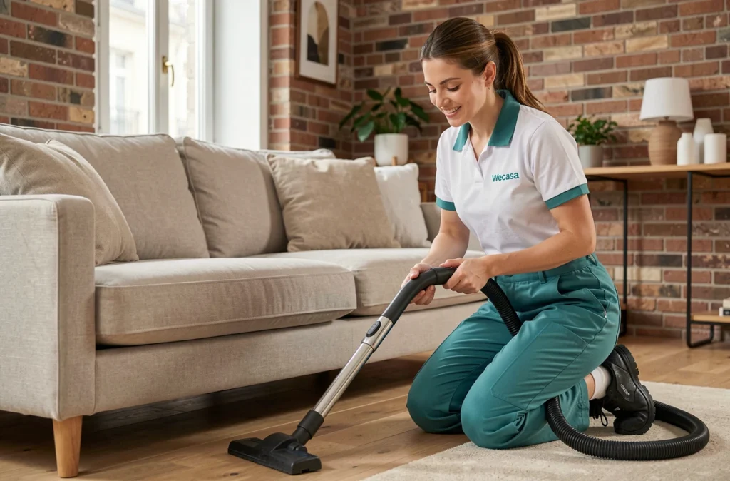 Agent de ménage Wecasa en uniforme nettoyant un canapé dans un appartement moderne