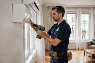 Technicien en climatisation installant un système split sur le mur d'un appartement parisien moderne