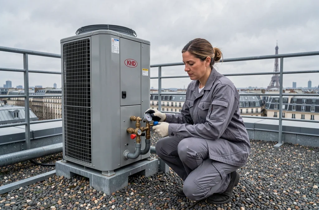 Technicienne en climatisation inspectant une unité extérieure sur une terrasse avec vue sur les toits de Paris